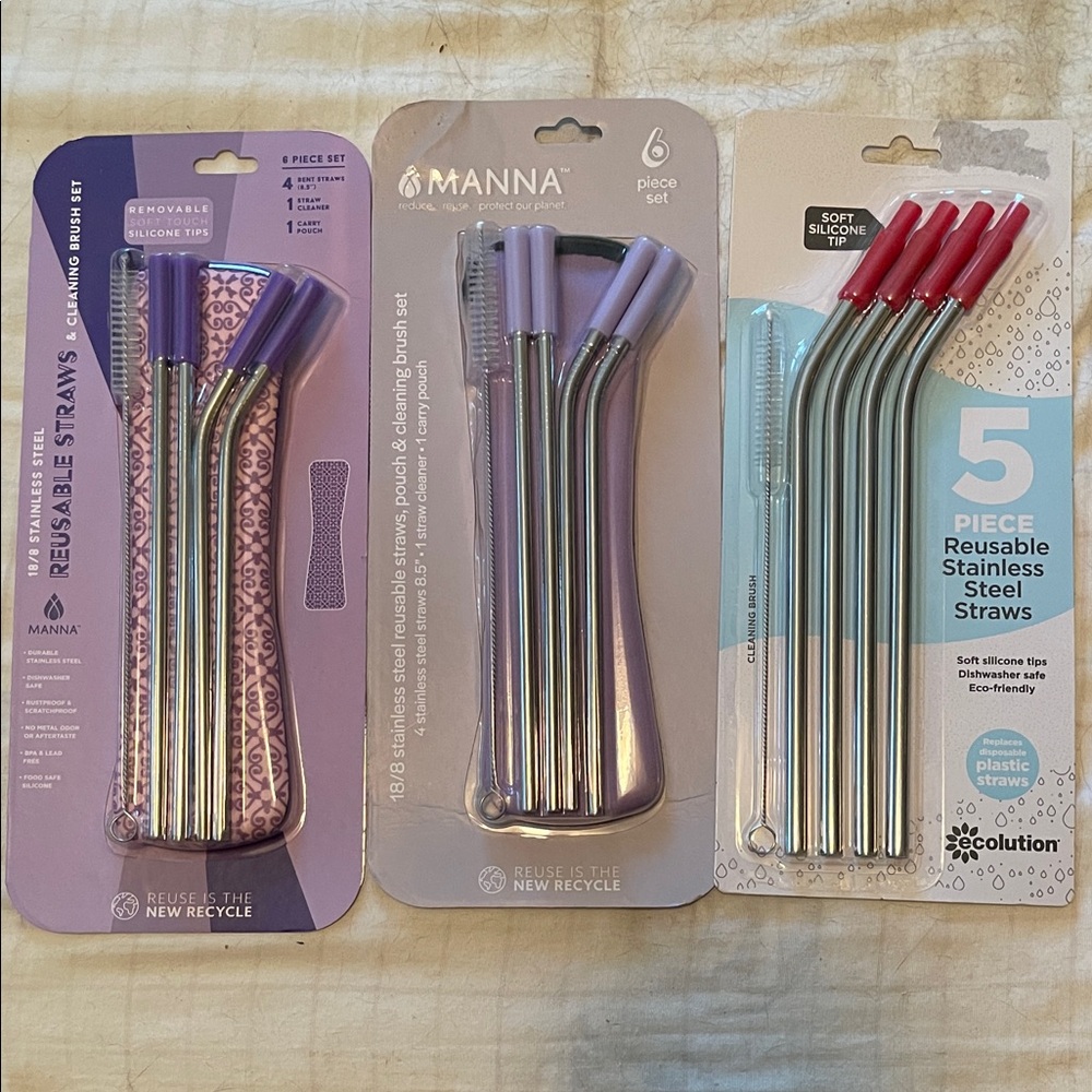 Anna Stainless Steel Straws with Purple and Gray Tips